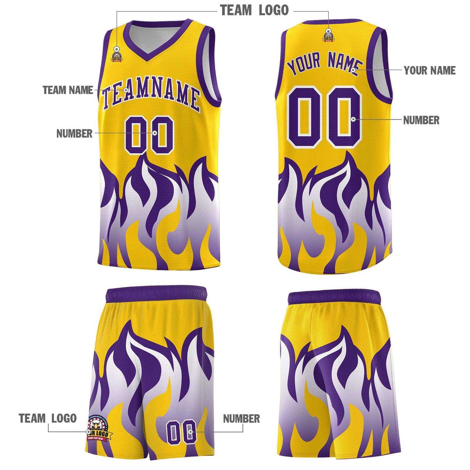 Custom Yellow Purple Hem Flame Pattern Fashion Sports Uniform Basketball jersey