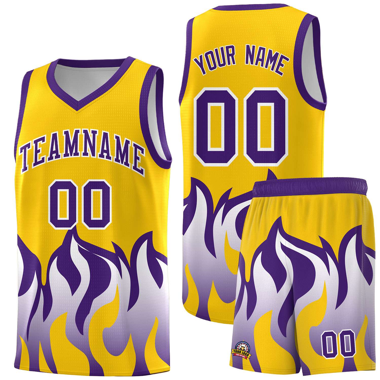 Custom Yellow Purple Hem Flame Pattern Fashion Sports Uniform Basketball jersey