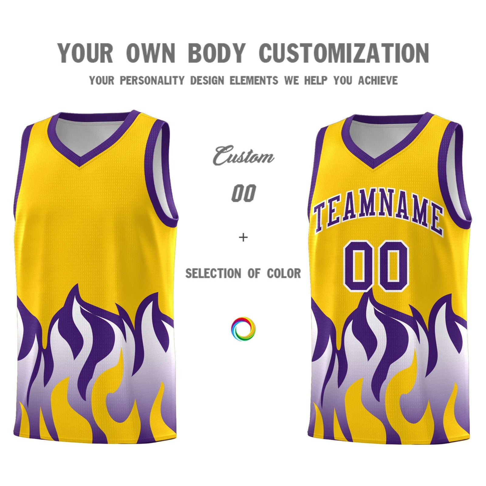 Custom Yellow Purple Hem Flame Pattern Fashion Sports Uniform Basketball jersey