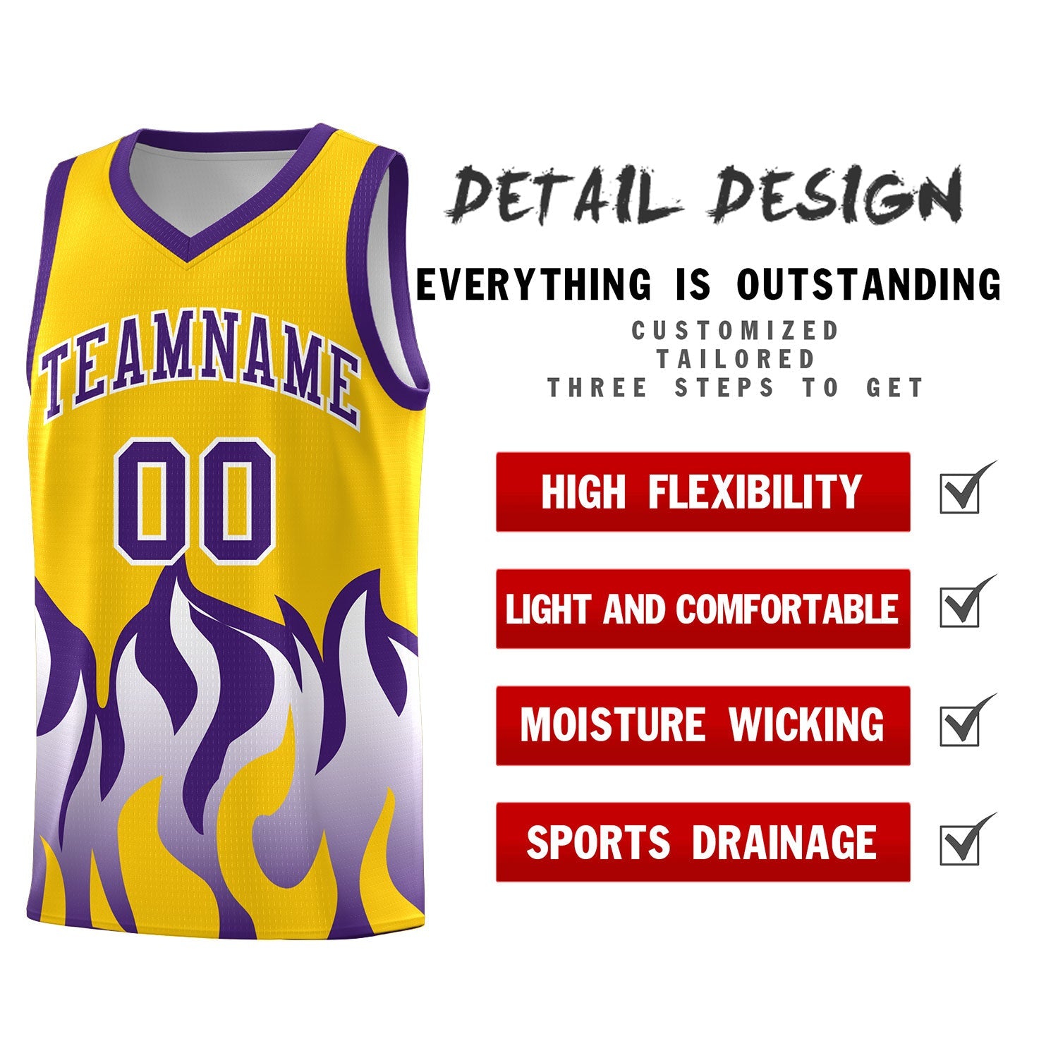 Custom Yellow Purple Hem Flame Pattern Fashion Sports Uniform Basketball jersey