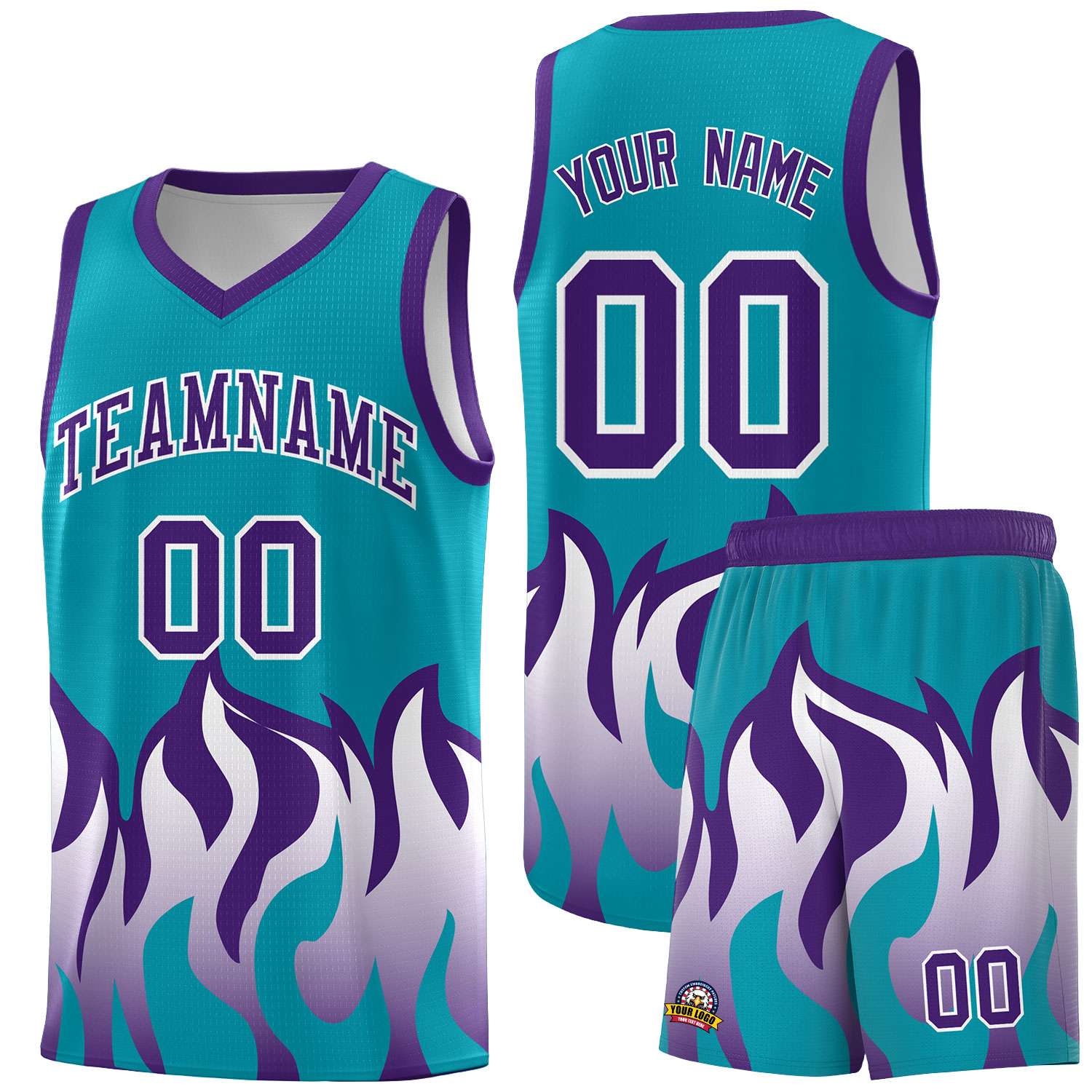 Custom Aqua Purple Hem Flame Pattern Fashion Sports Uniform Basketball jersey