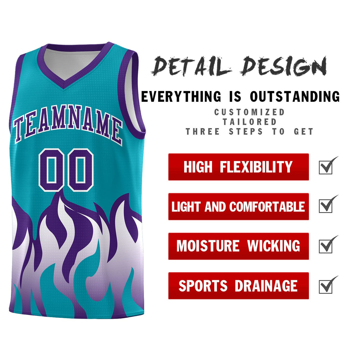 Custom Aqua Purple Hem Flame Pattern Fashion Sports Uniform Basketball jersey