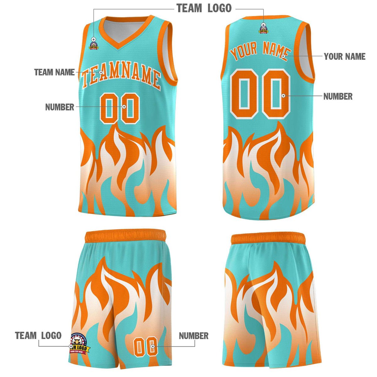 Custom Bright Green Orange Hem Flame Pattern Fashion Sports Uniform Basketball jersey