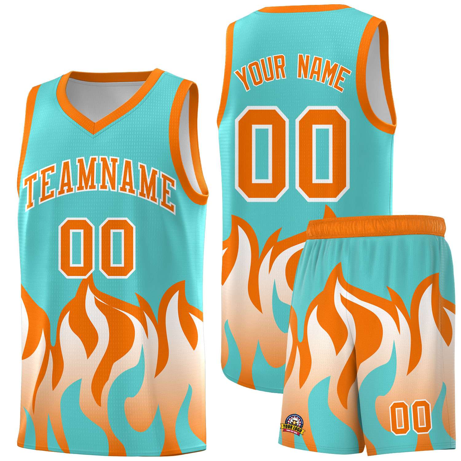Custom Bright Green Orange Hem Flame Pattern Fashion Sports Uniform Basketball jersey