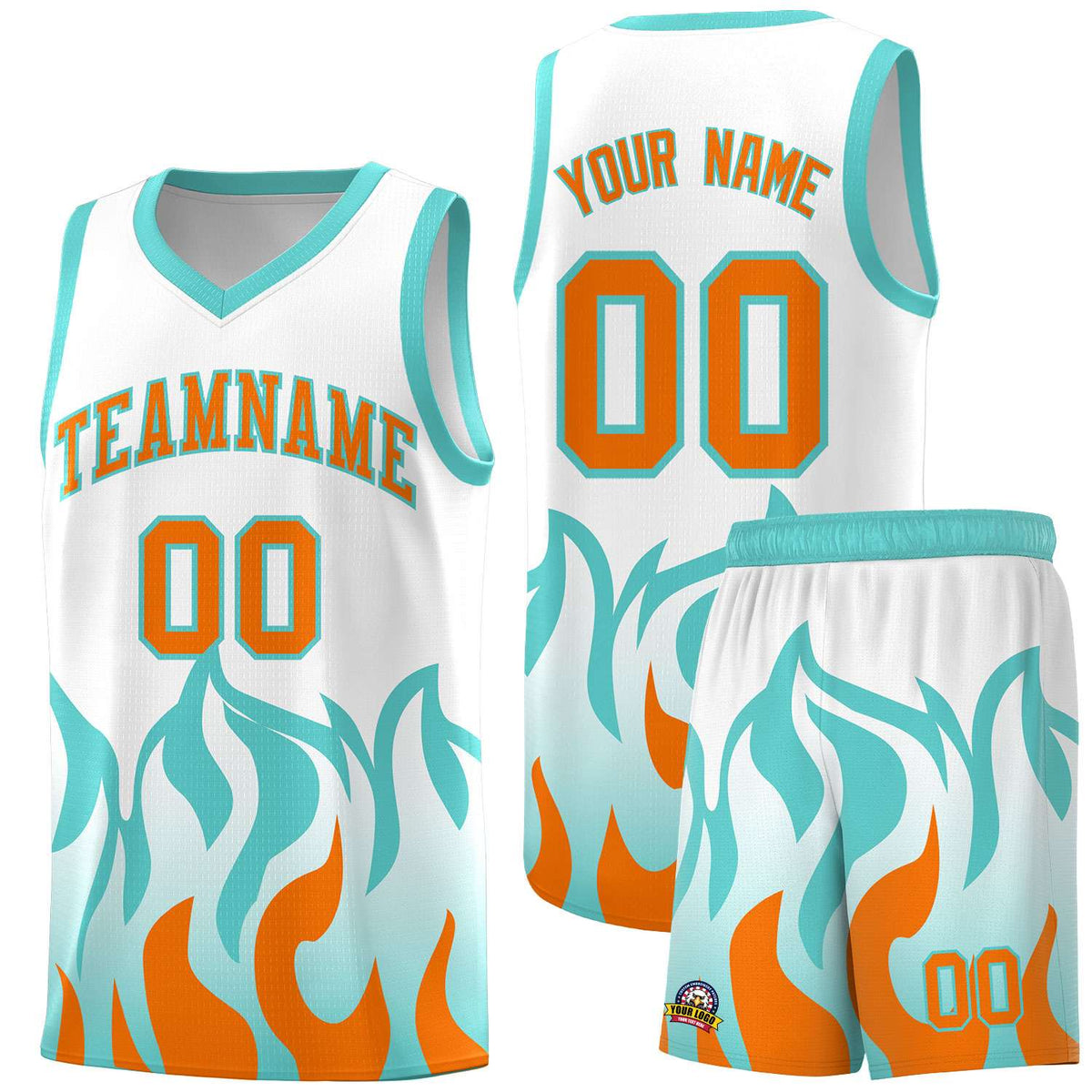 Custom White Orange Hem Flame Pattern Fashion Sports Uniform Basketball jersey