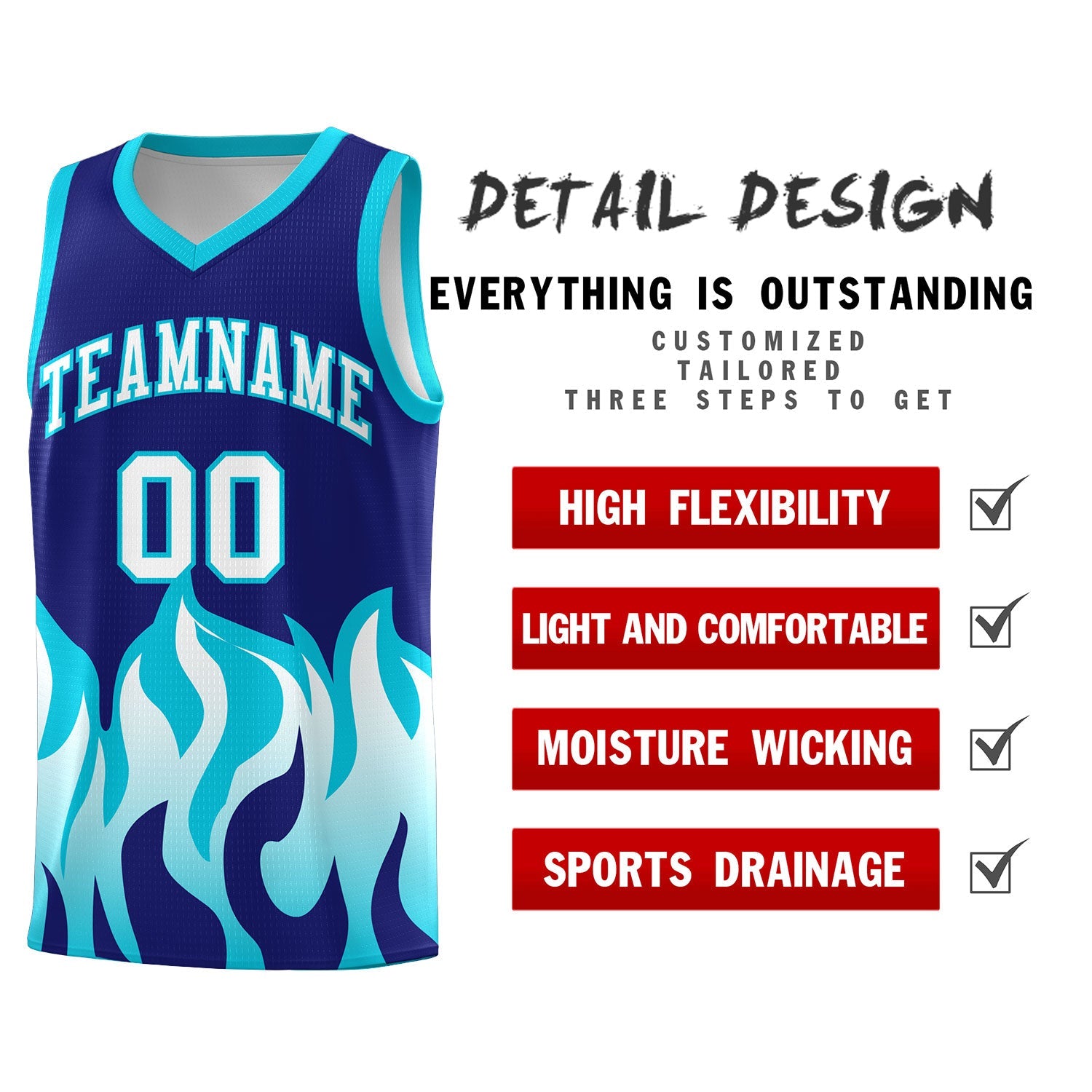 Custom Royal Sky Blue Hem Flame Pattern Fashion Sports Uniform Basketball jersey