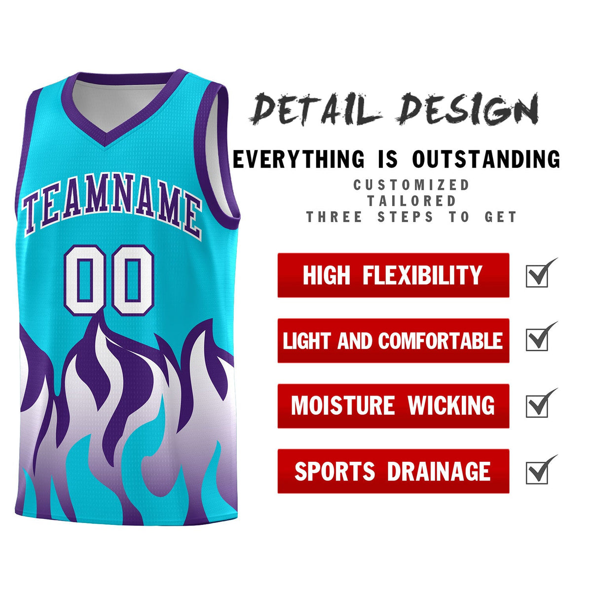 Custom Sky Blue Purple Hem Flame Pattern Fashion Sports Uniform Basketball jersey