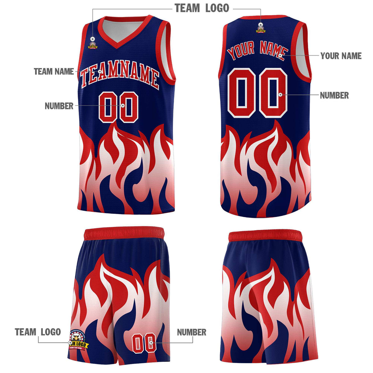 Custom Navy Red Hem Flame Pattern Fashion Sports Uniform Basketball jersey