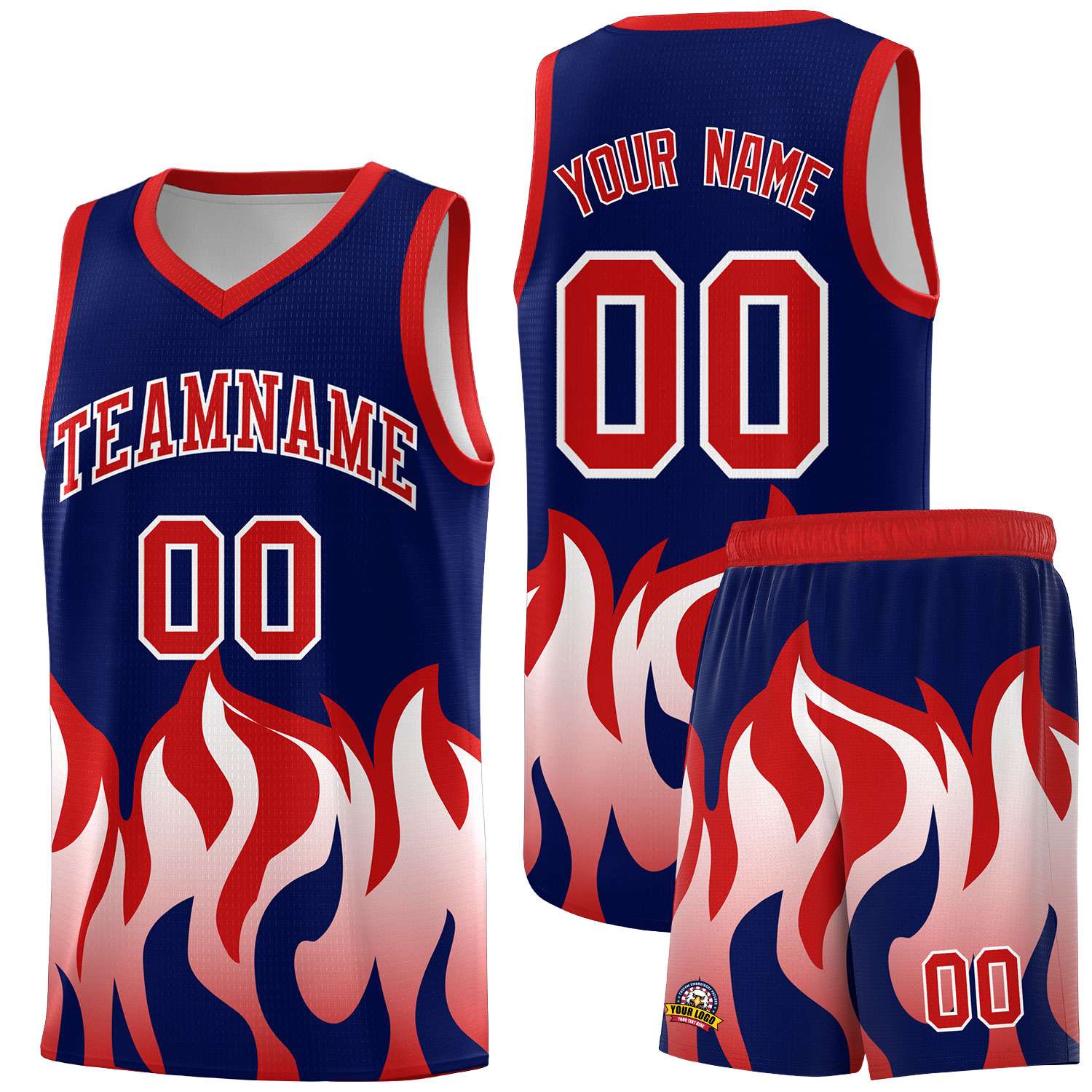 Custom Navy Red Hem Flame Pattern Fashion Sports Uniform Basketball jersey