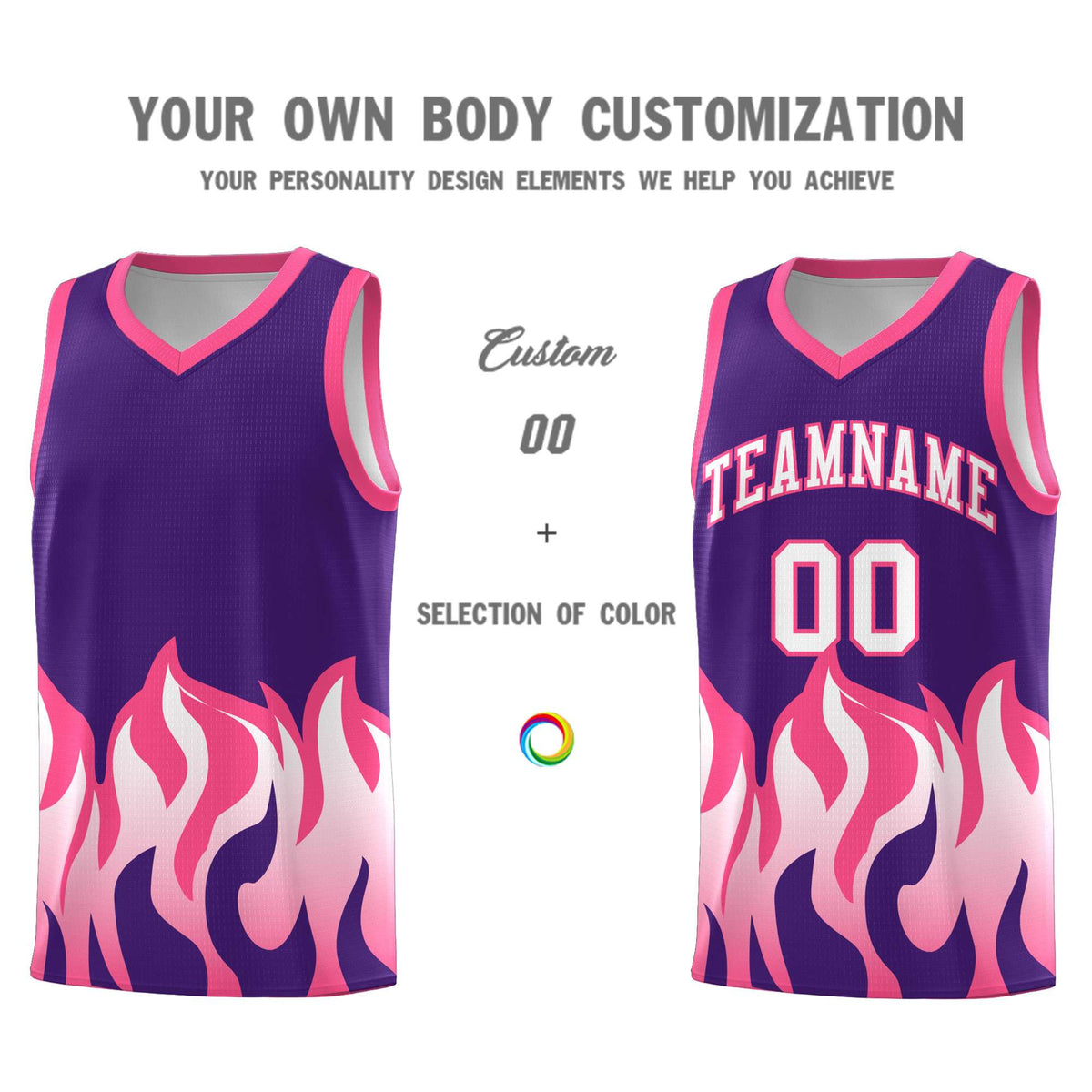 Custom Purple Pink Hem Flame Pattern Fashion Sports Uniform Basketball jersey
