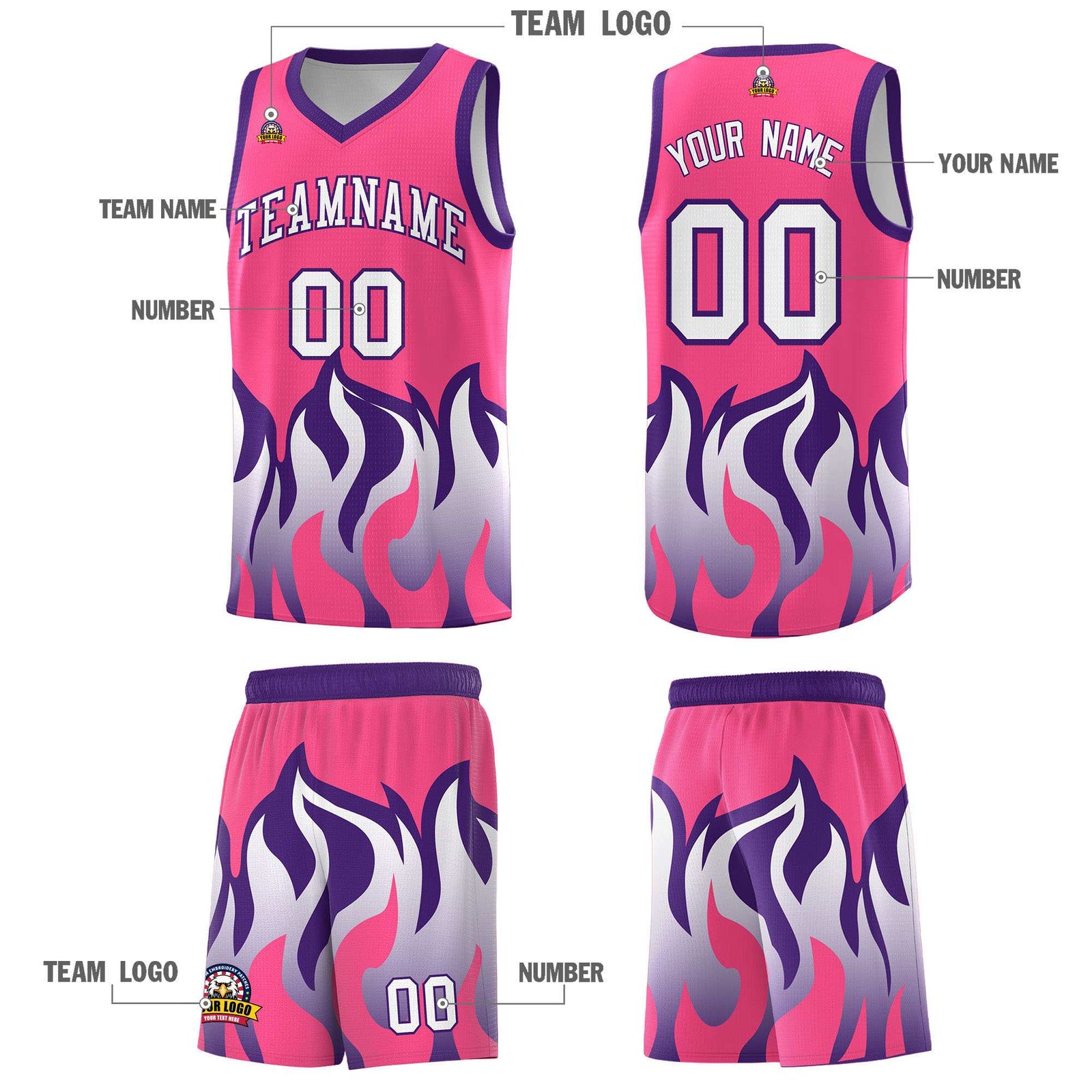 Custom Pink Purple Hem Flame Pattern Fashion Sports Uniform Basketball jersey