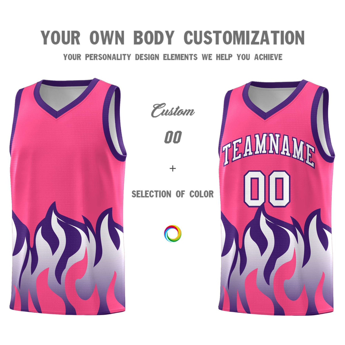 Custom Pink Purple Hem Flame Pattern Fashion Sports Uniform Basketball jersey