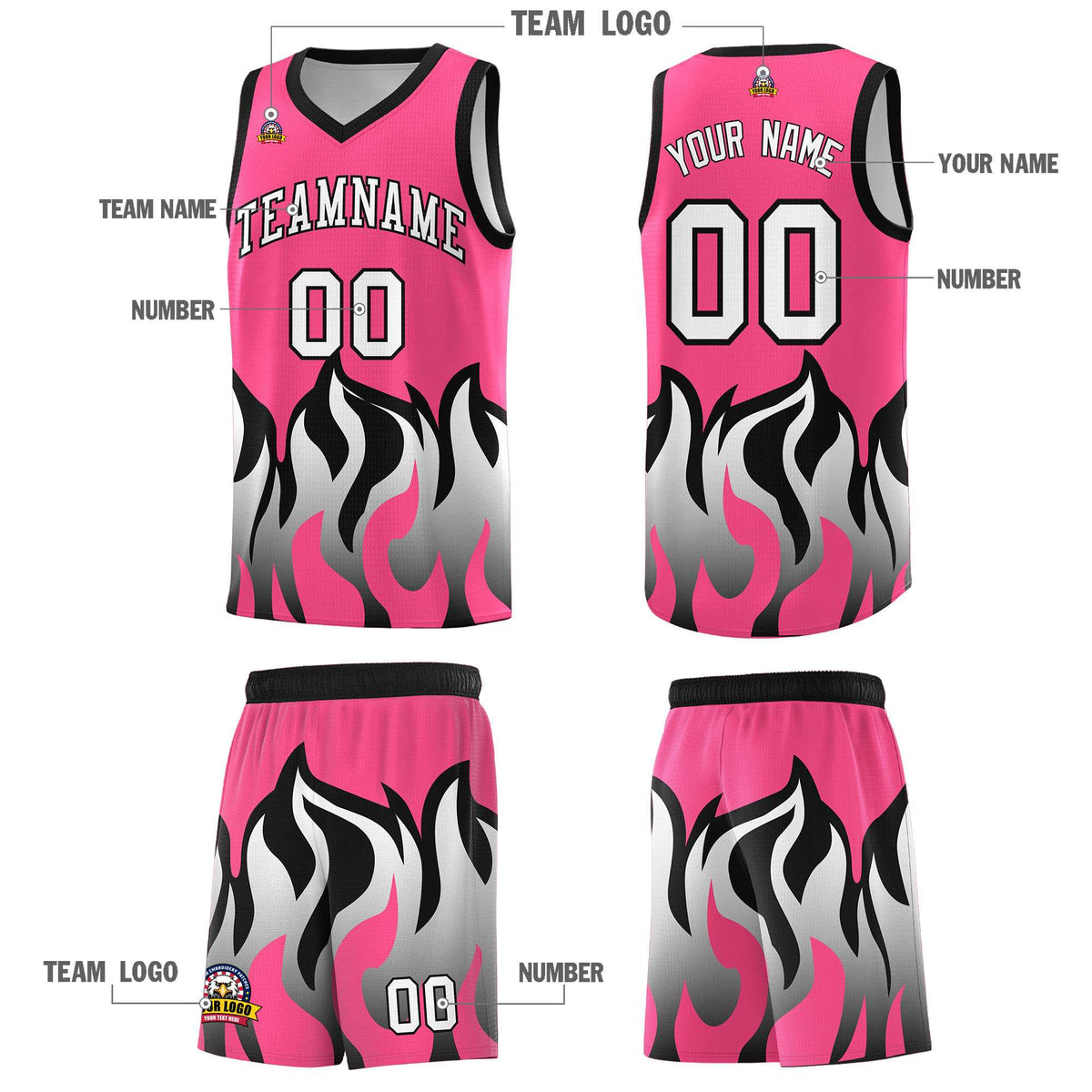 Custom Pink Black Hem Flame Pattern Fashion Sports Uniform Basketball jersey