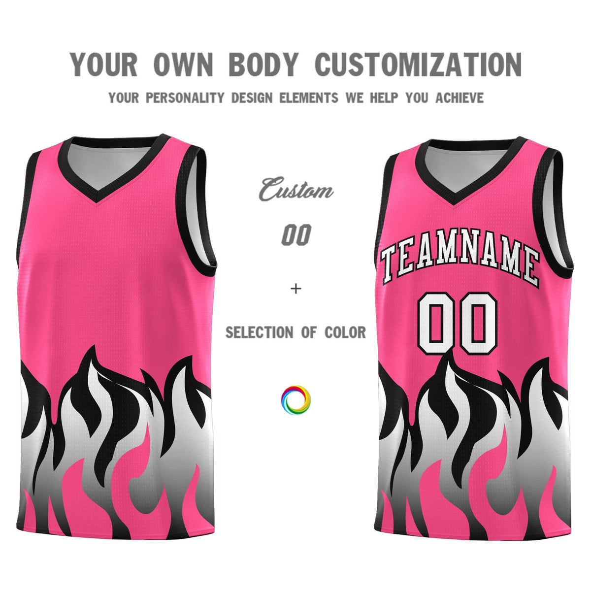 Custom Pink Black Hem Flame Pattern Fashion Sports Uniform Basketball jersey