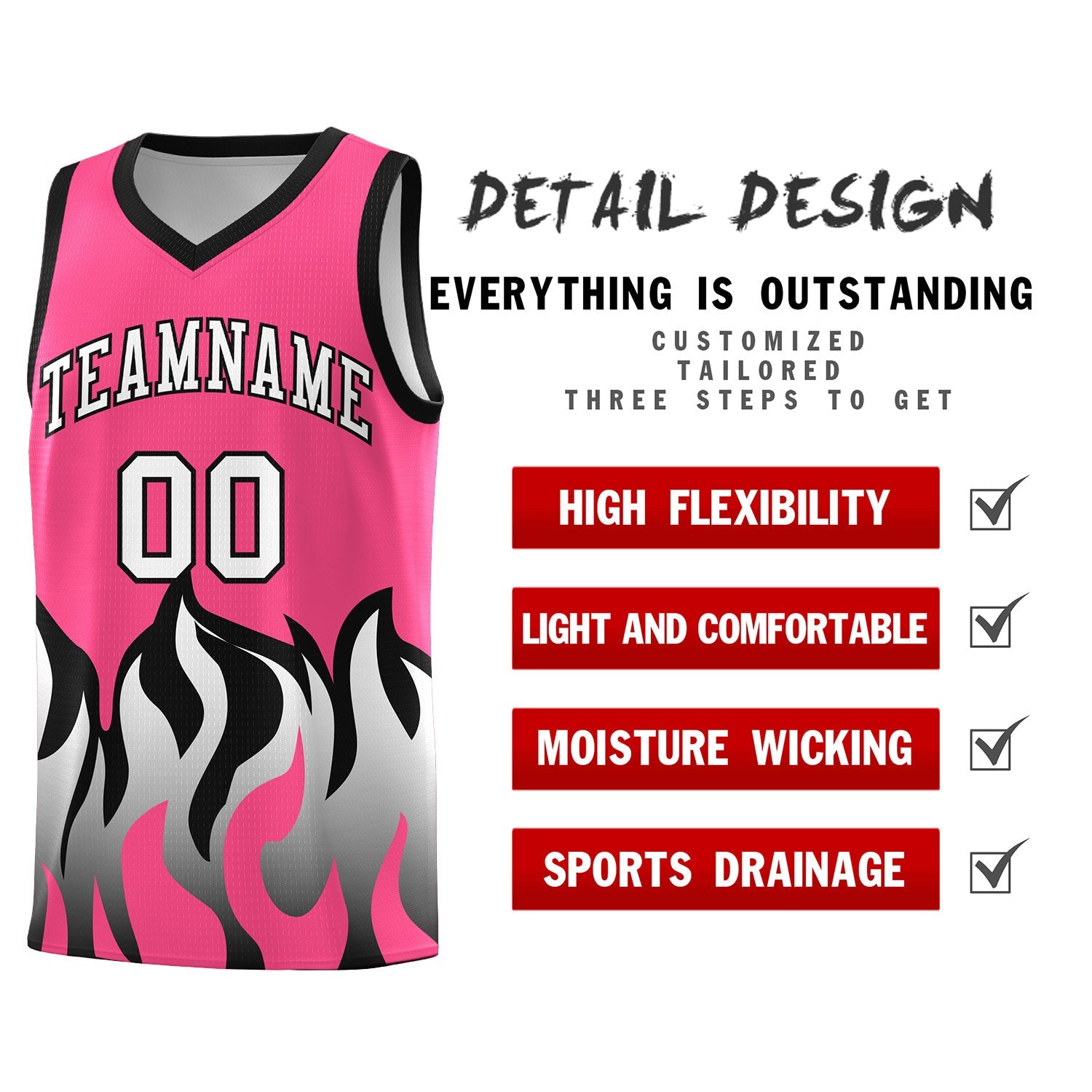 Custom Pink Black Hem Flame Pattern Fashion Sports Uniform Basketball jersey
