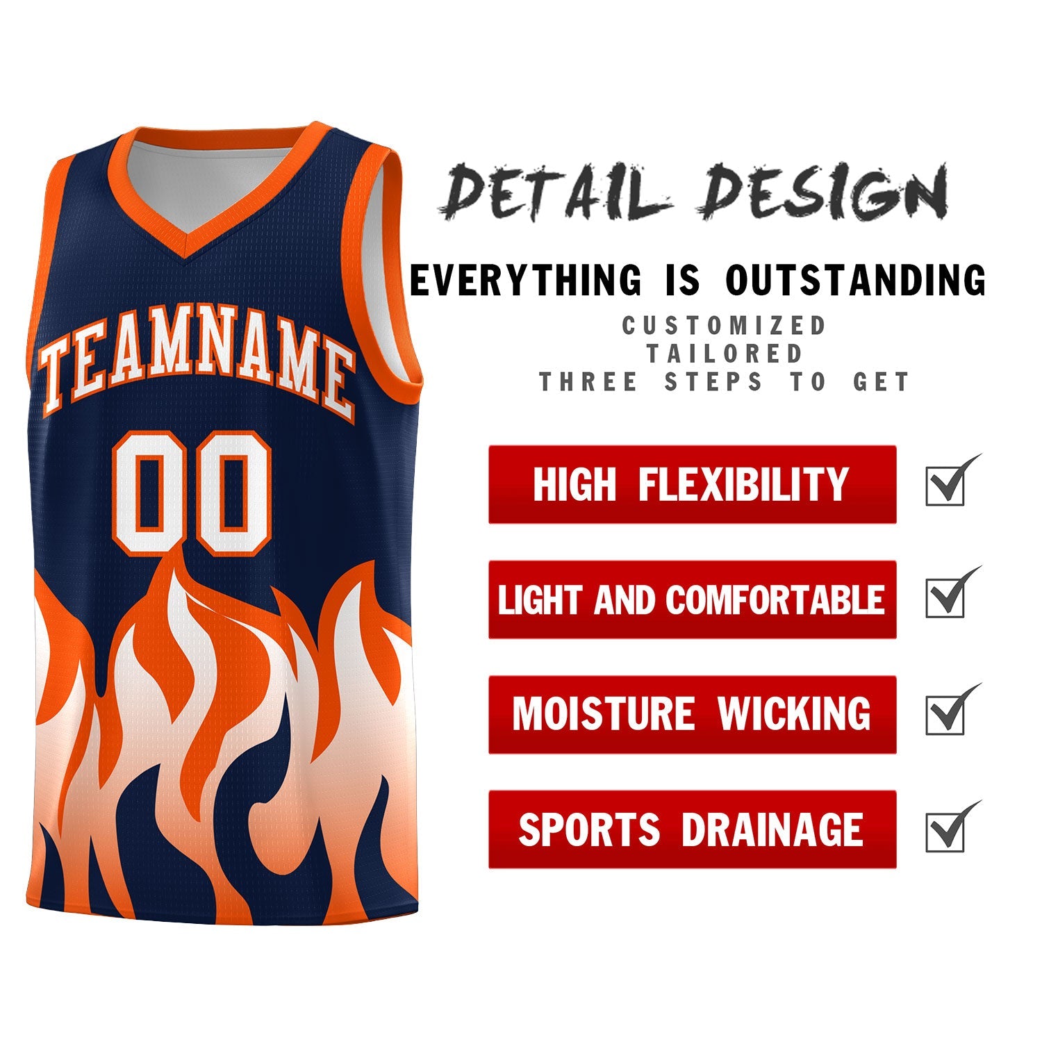 Custom Navy Orange Hem Flame Pattern Fashion Sports Uniform Basketball jersey