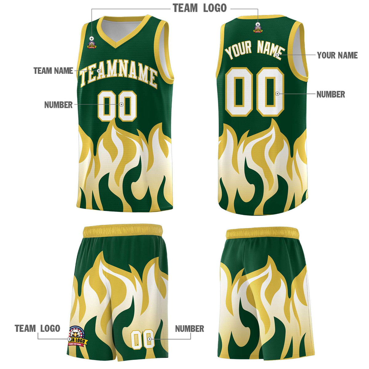 Custom Kelly Green Old Gold Hem Flame Pattern Fashion Sports Uniform Basketball jersey