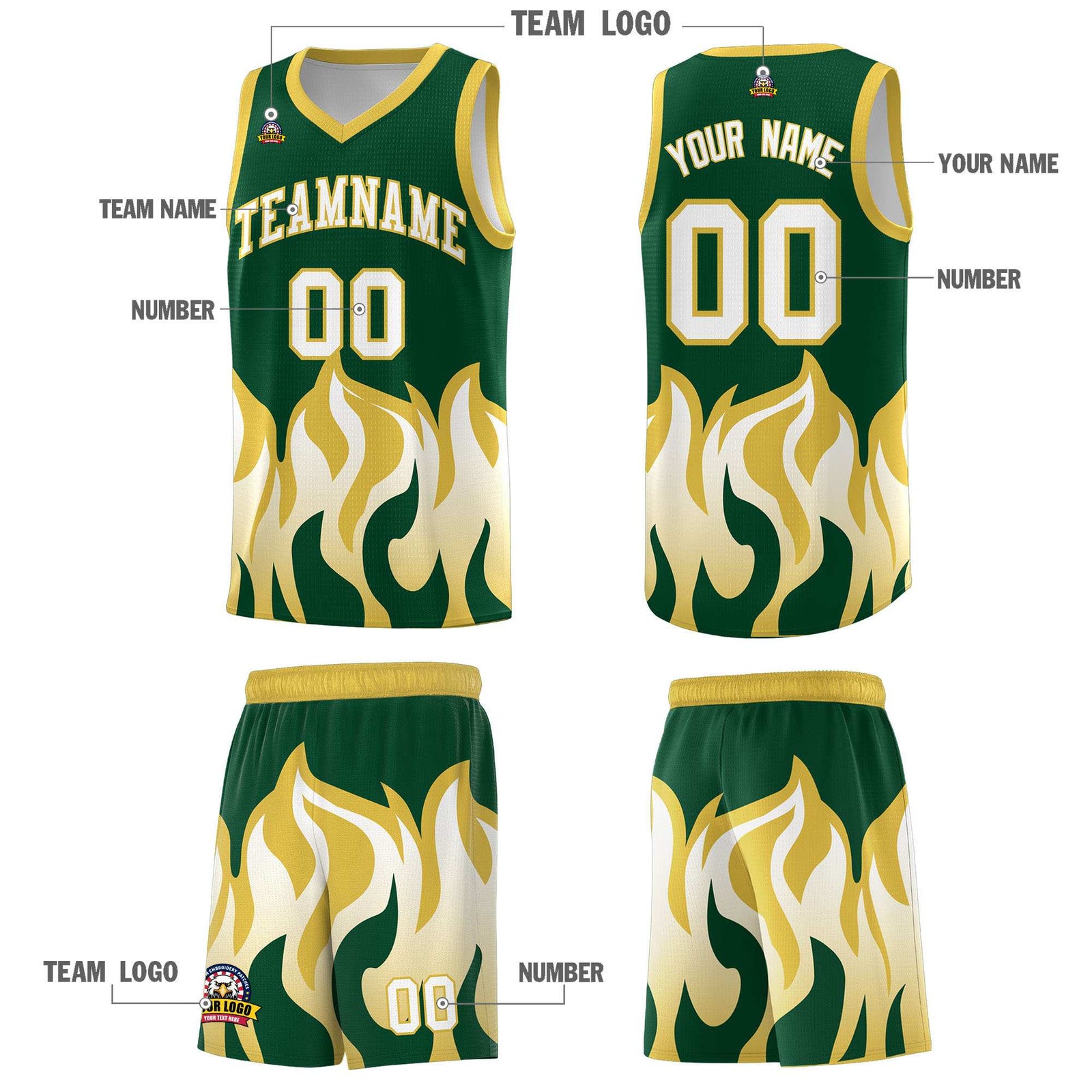 Custom Kelly Green Old Gold Hem Flame Pattern Fashion Sports Uniform Basketball jersey