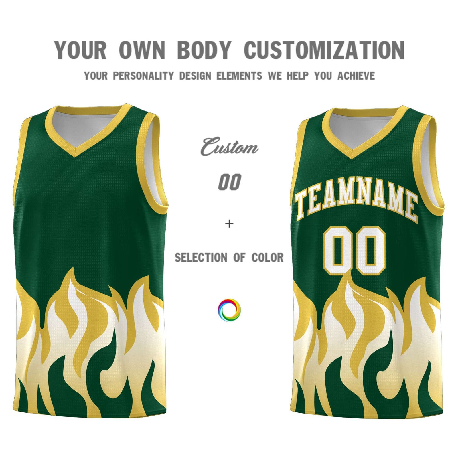 Custom Kelly Green Old Gold Hem Flame Pattern Fashion Sports Uniform Basketball jersey