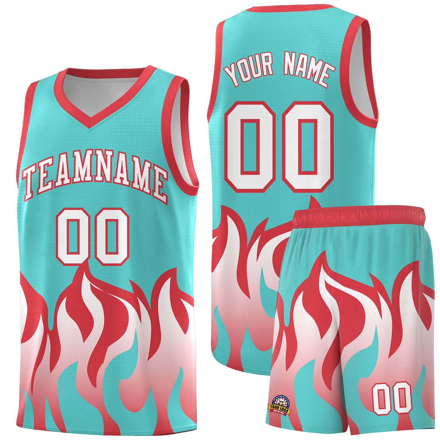 Custom Bright Green Light Red Hem Flame Pattern Fashion Sports Uniform Basketball jersey
