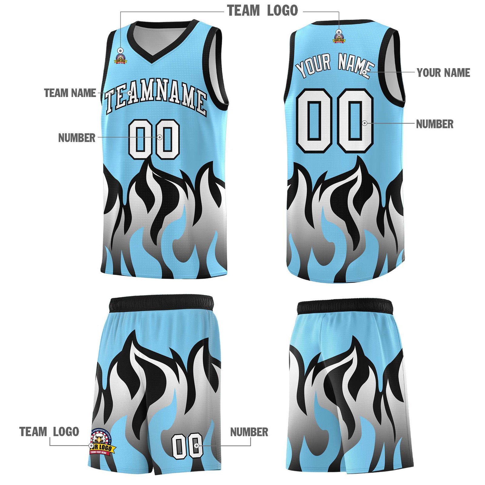 Custom Light Blue Black Hem Flame Pattern Fashion Sports Uniform Basketball jersey