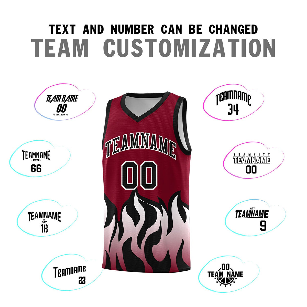 Custom Crimson Black Hem Flame Pattern Fashion Sports Uniform Basketball jersey