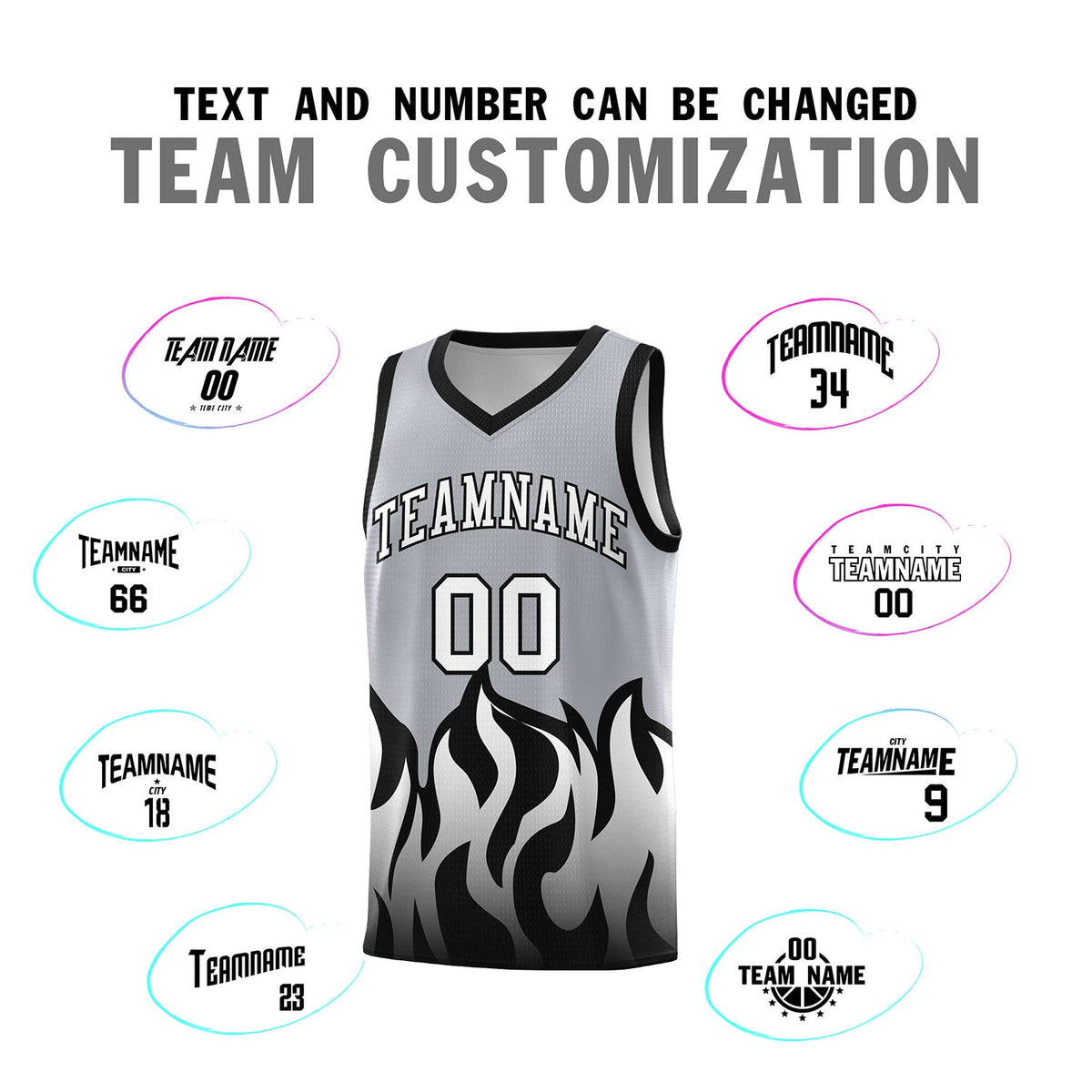 Custom Gray Black Hem Flame Pattern Fashion Sports Uniform Basketball jersey