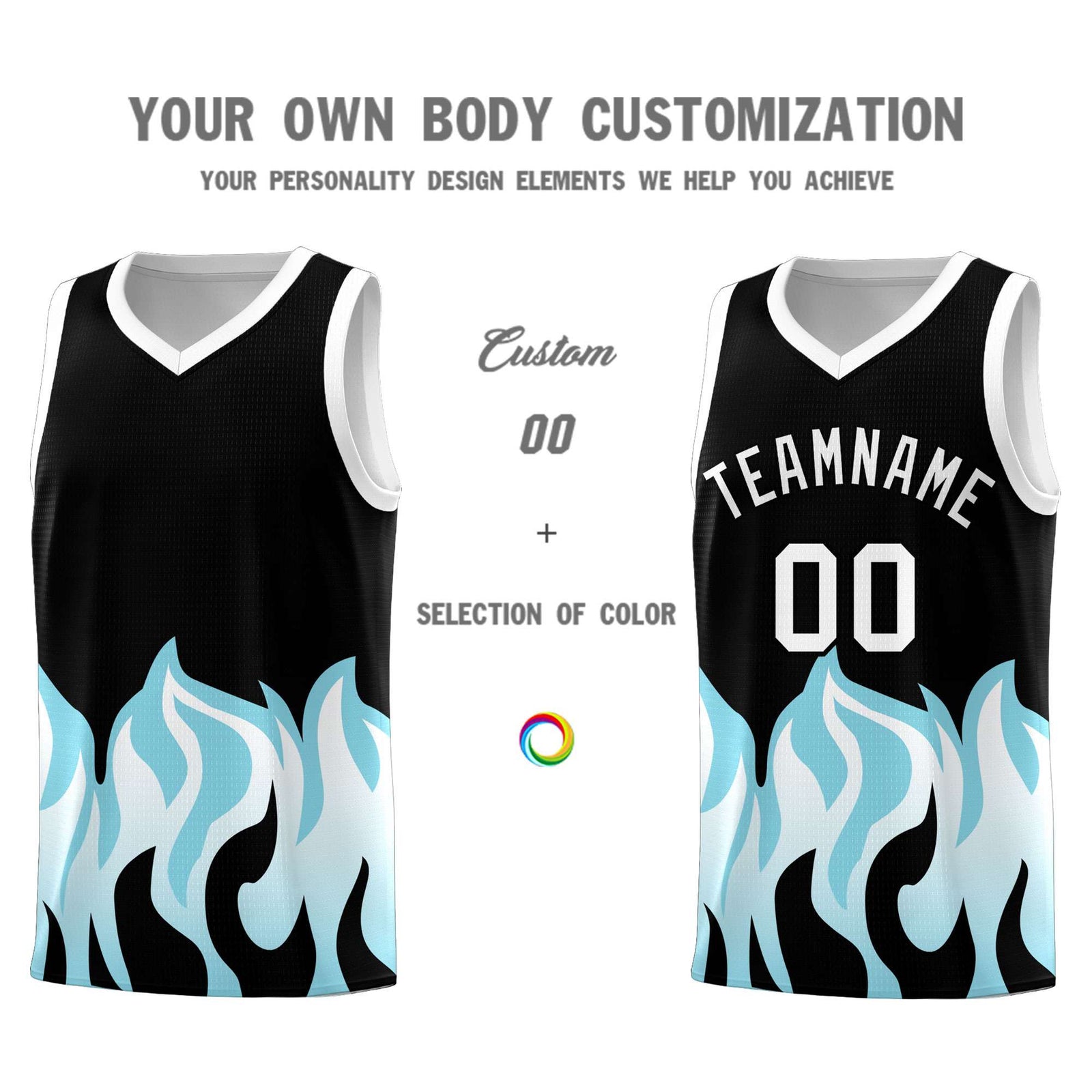 Custom Black Sky Blue Hem Flame Pattern Fashion Sports Uniform Basketball jersey