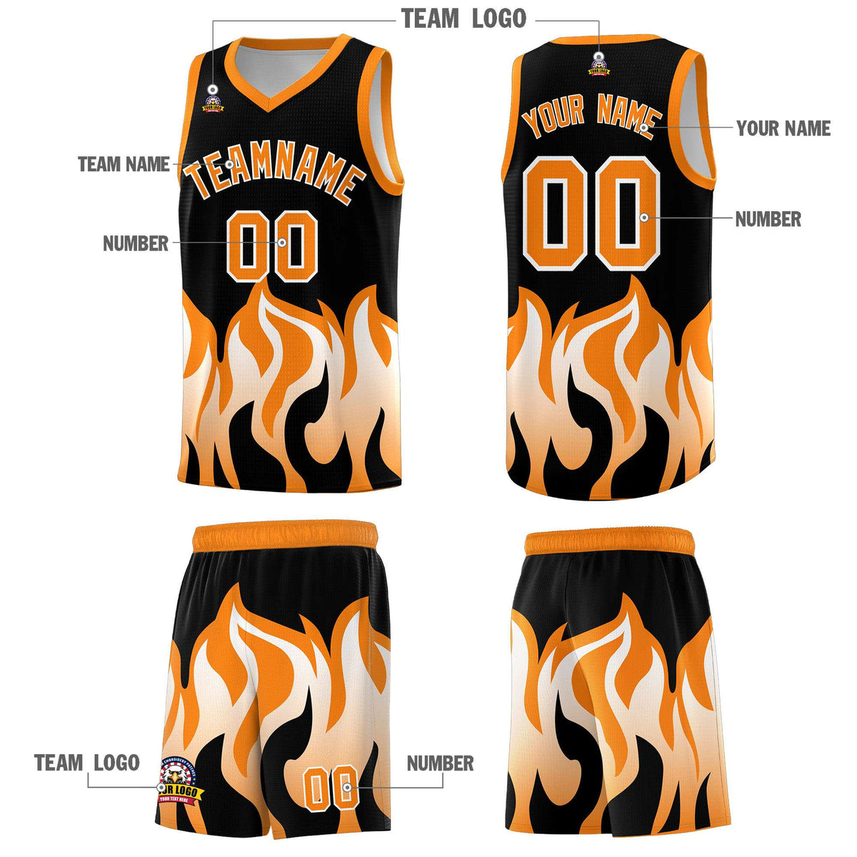 Custom Black Orange Hem Flame Pattern Fashion Sports Uniform Basketball jersey