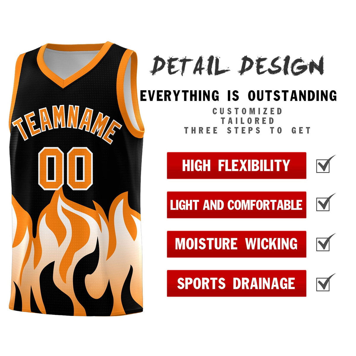 Custom Black Orange Hem Flame Pattern Fashion Sports Uniform Basketball jersey