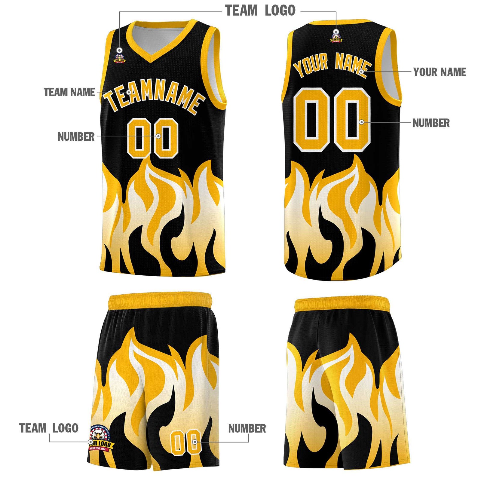 Custom Black Yellow Hem Flame Pattern Fashion Sports Uniform Basketball jersey