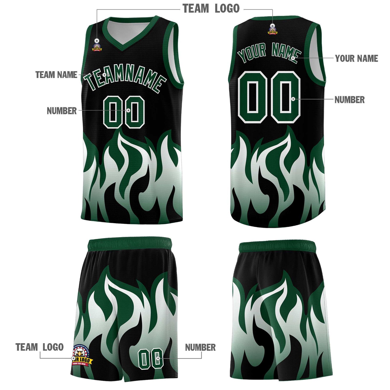 Custom Black Hunter Green Hem Flame Pattern Fashion Sports Uniform Basketball jersey