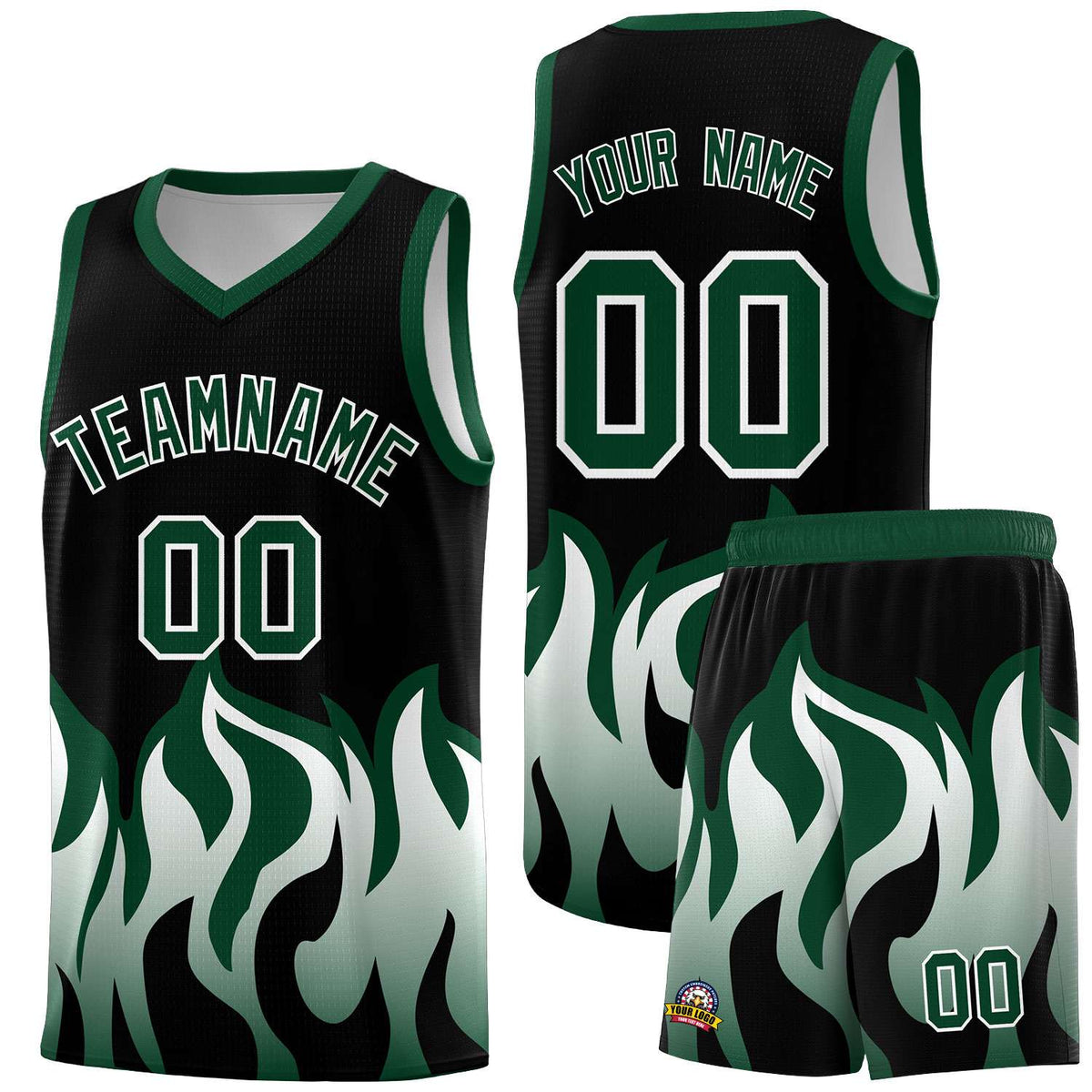 Custom Black Hunter Green Hem Flame Pattern Fashion Sports Uniform Basketball jersey