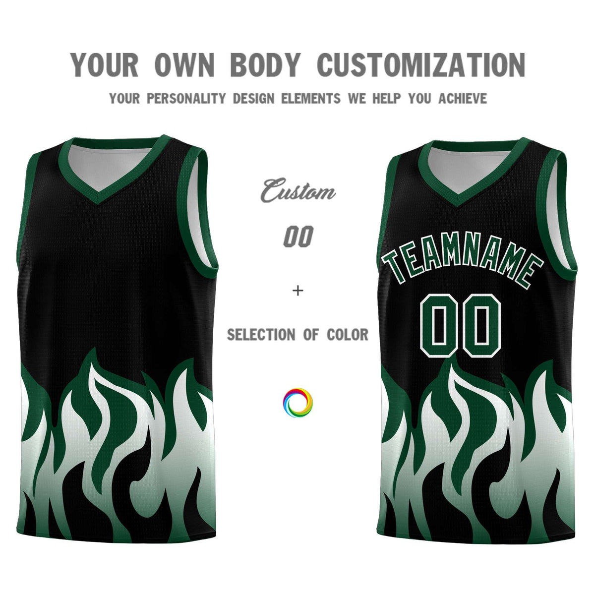 Custom Black Hunter Green Hem Flame Pattern Fashion Sports Uniform Basketball jersey