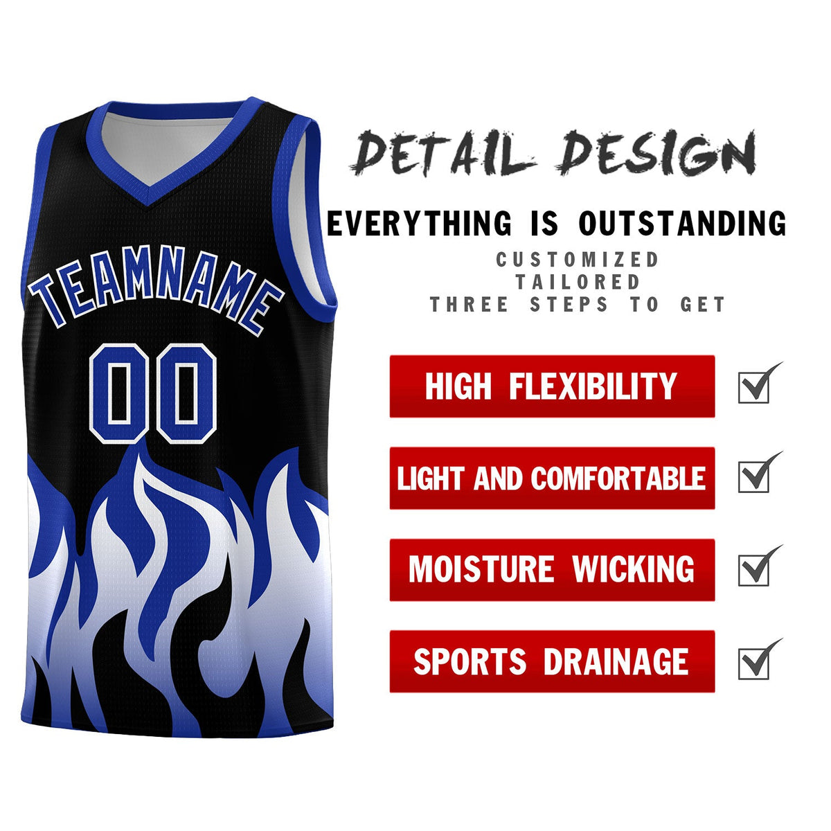 Custom Black Royal Hem Flame Pattern Fashion Sports Uniform Basketball jersey
