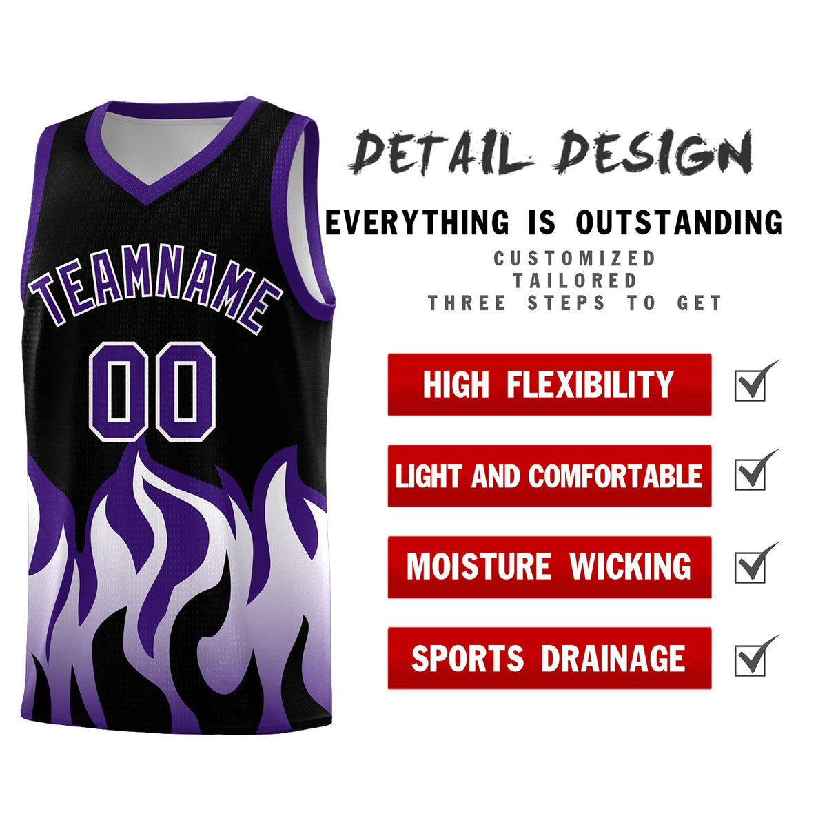 Custom Black Purple Hem Flame Pattern Fashion Sports Uniform Basketball jersey