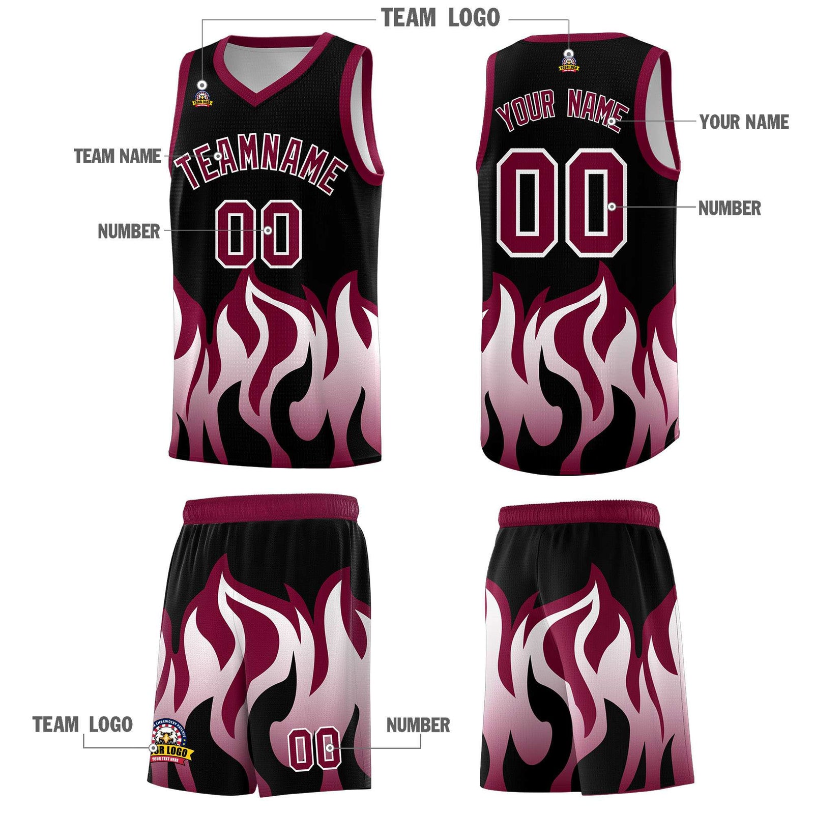 Custom Black Crimson Hem Flame Pattern Fashion Sports Uniform Basketball jersey