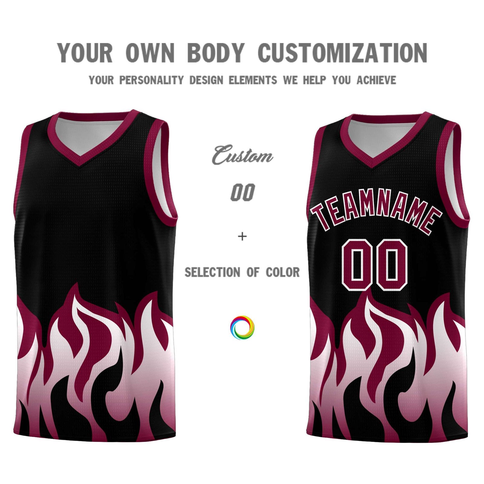 Custom Black Crimson Hem Flame Pattern Fashion Sports Uniform Basketball jersey