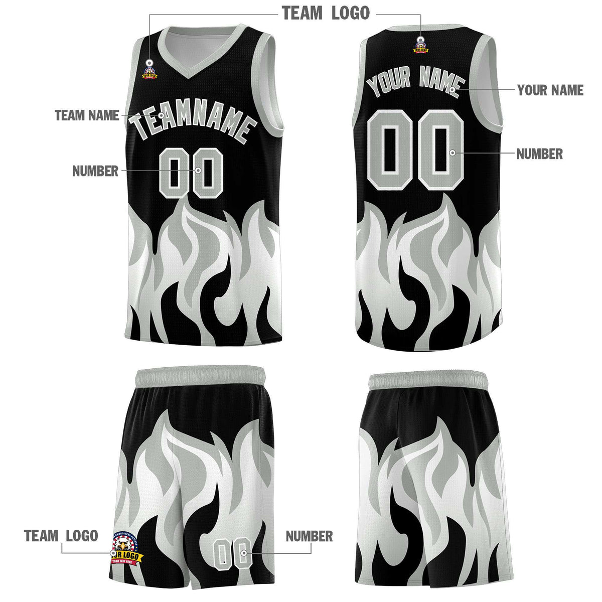 Custom Black Gray Hem Flame Pattern Fashion Sports Uniform Basketball jersey