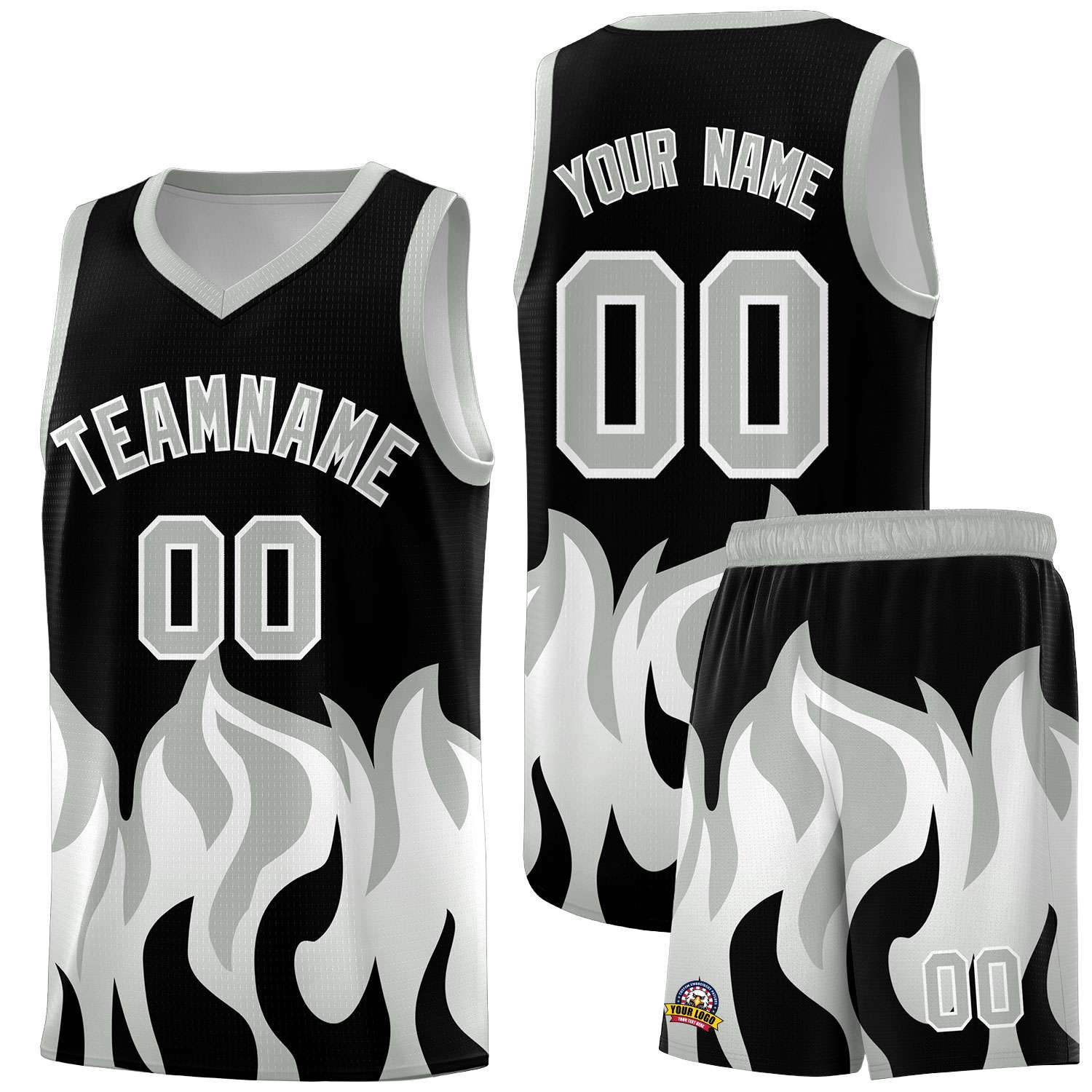 Custom Black Gray Hem Flame Pattern Fashion Sports Uniform Basketball jersey