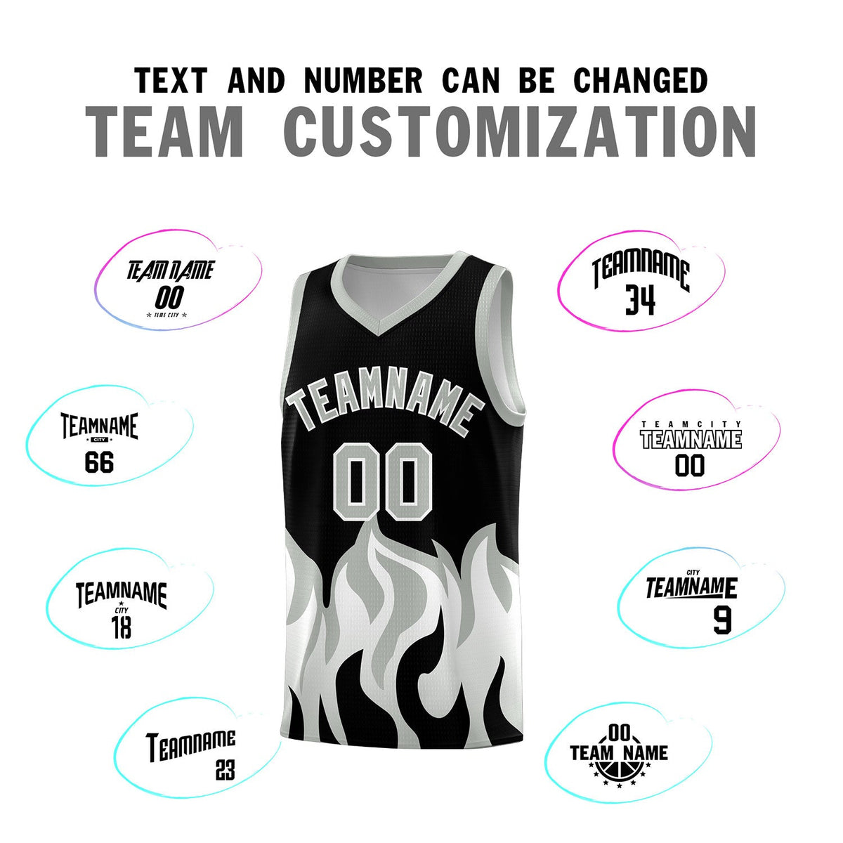 Custom Black Gray Hem Flame Pattern Fashion Sports Uniform Basketball jersey