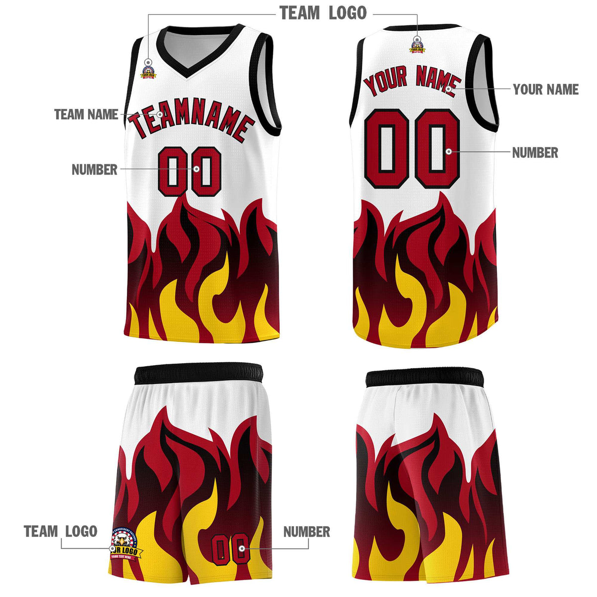 Custom White Red Hem Flame Pattern Fashion Sports Uniform Basketball jersey