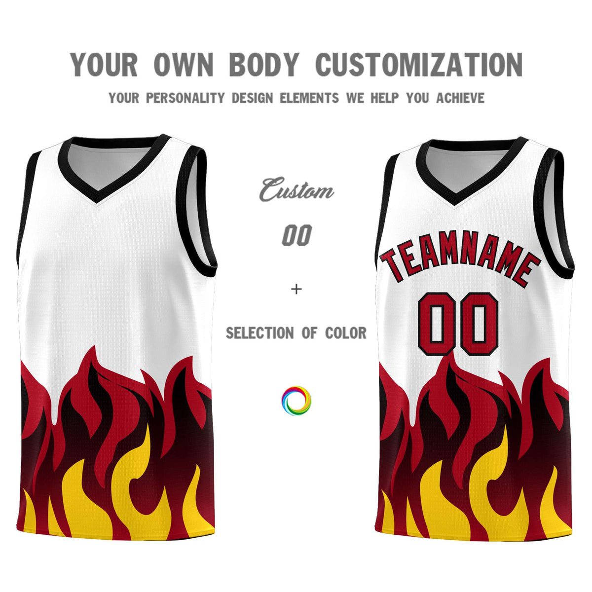 Custom White Red Hem Flame Pattern Fashion Sports Uniform Basketball jersey