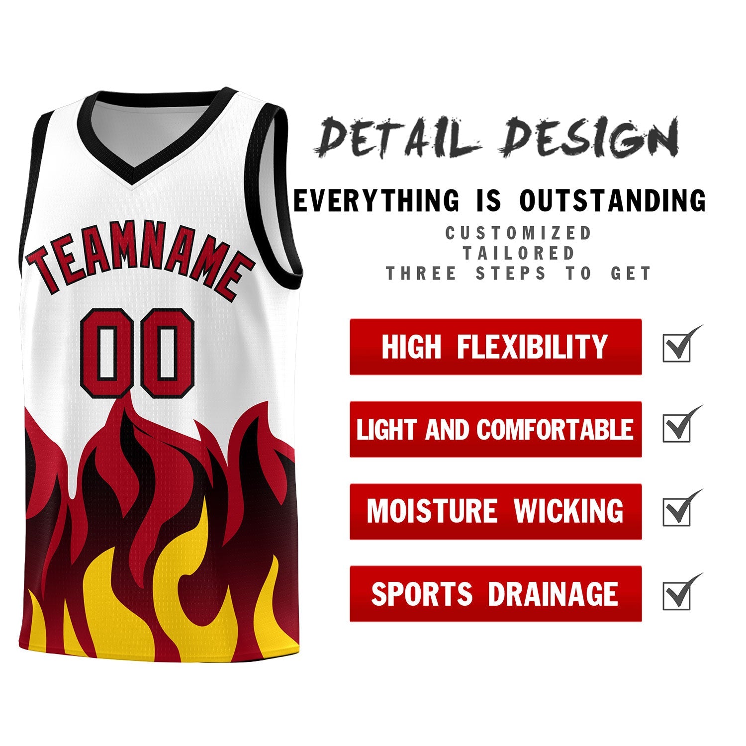 Custom White Red Hem Flame Pattern Fashion Sports Uniform Basketball jersey