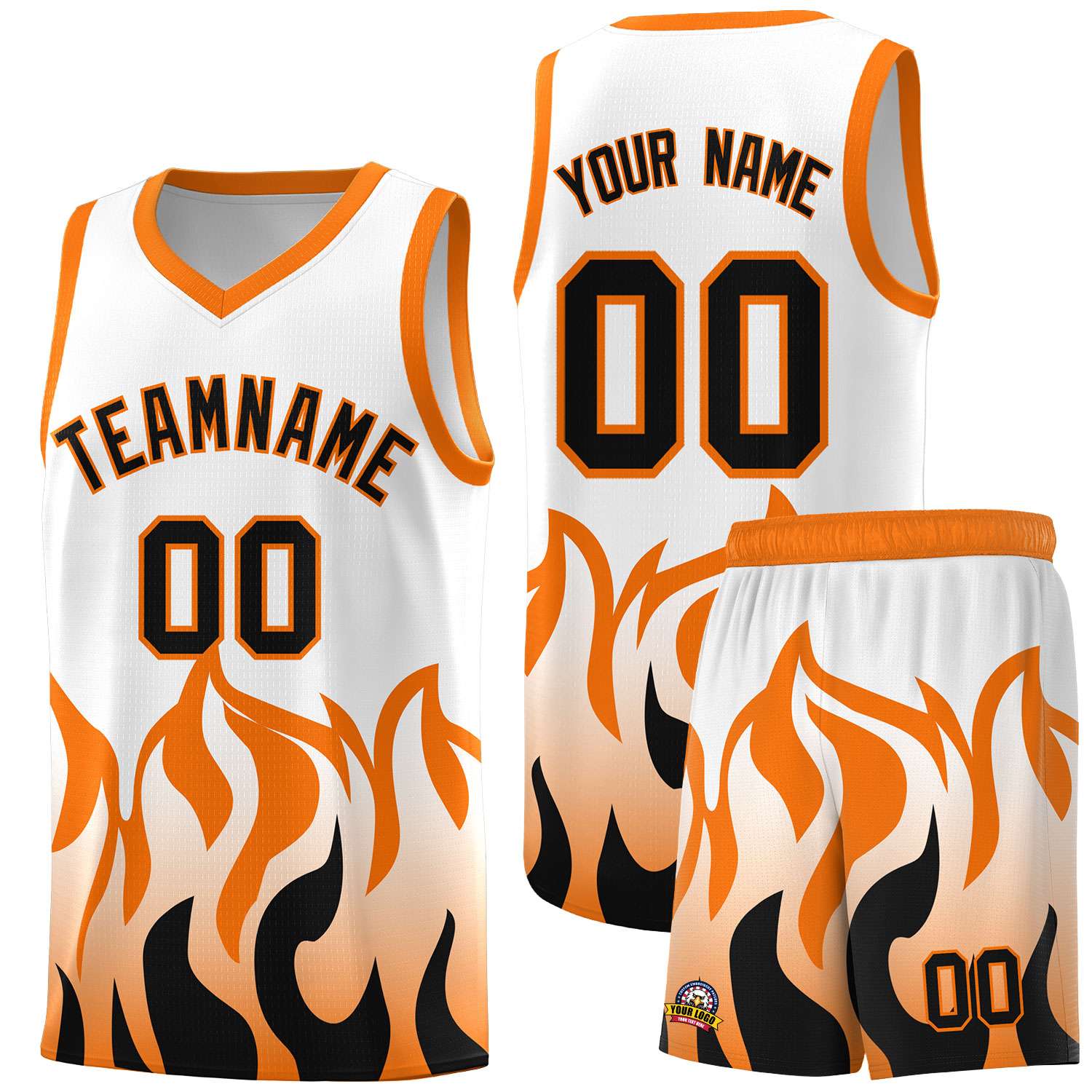 Custom White Orange Hem Flame Pattern Fashion Sports Uniform Basketball jersey