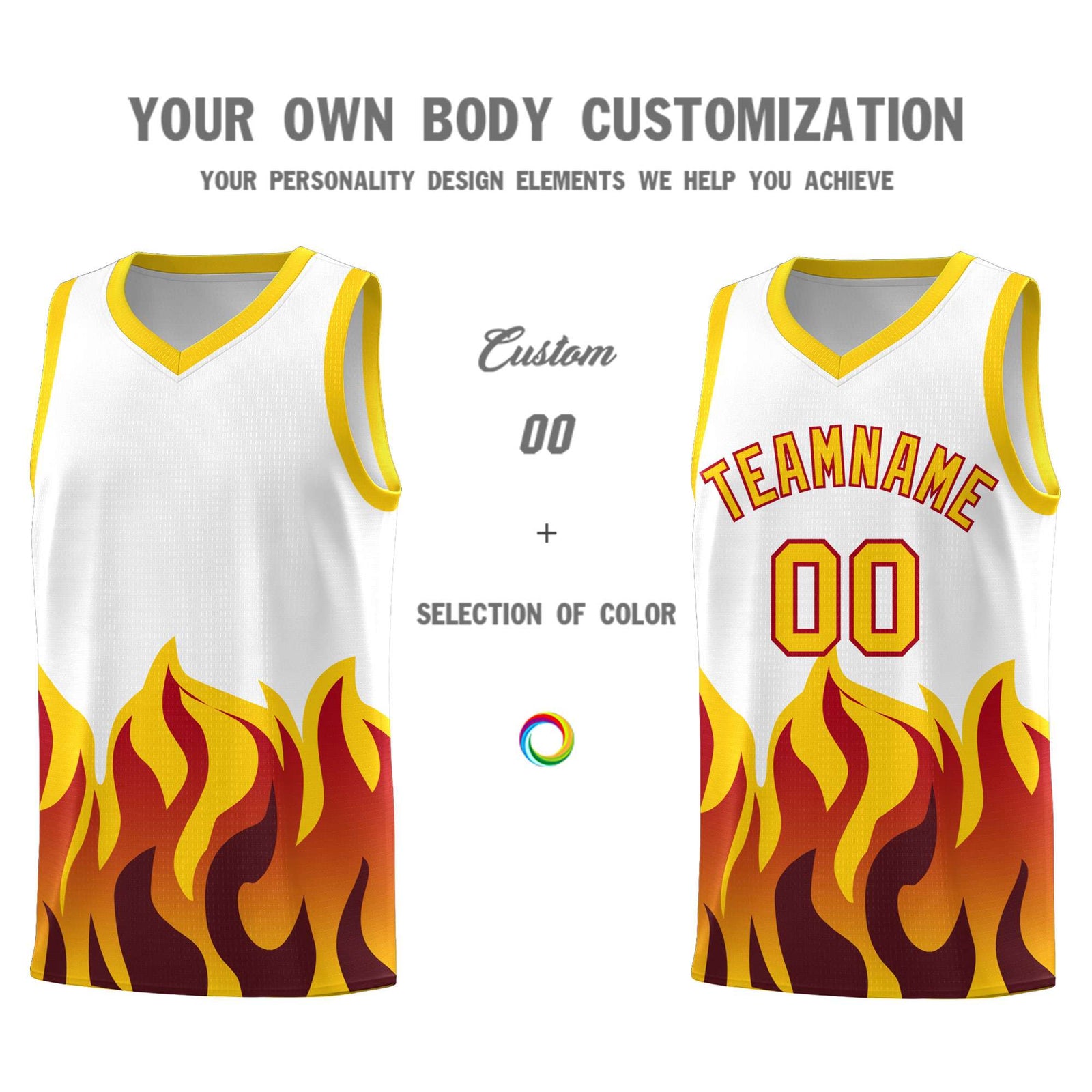 Custom White Gold Hem Flame Pattern Fashion Sports Uniform Basketball jersey