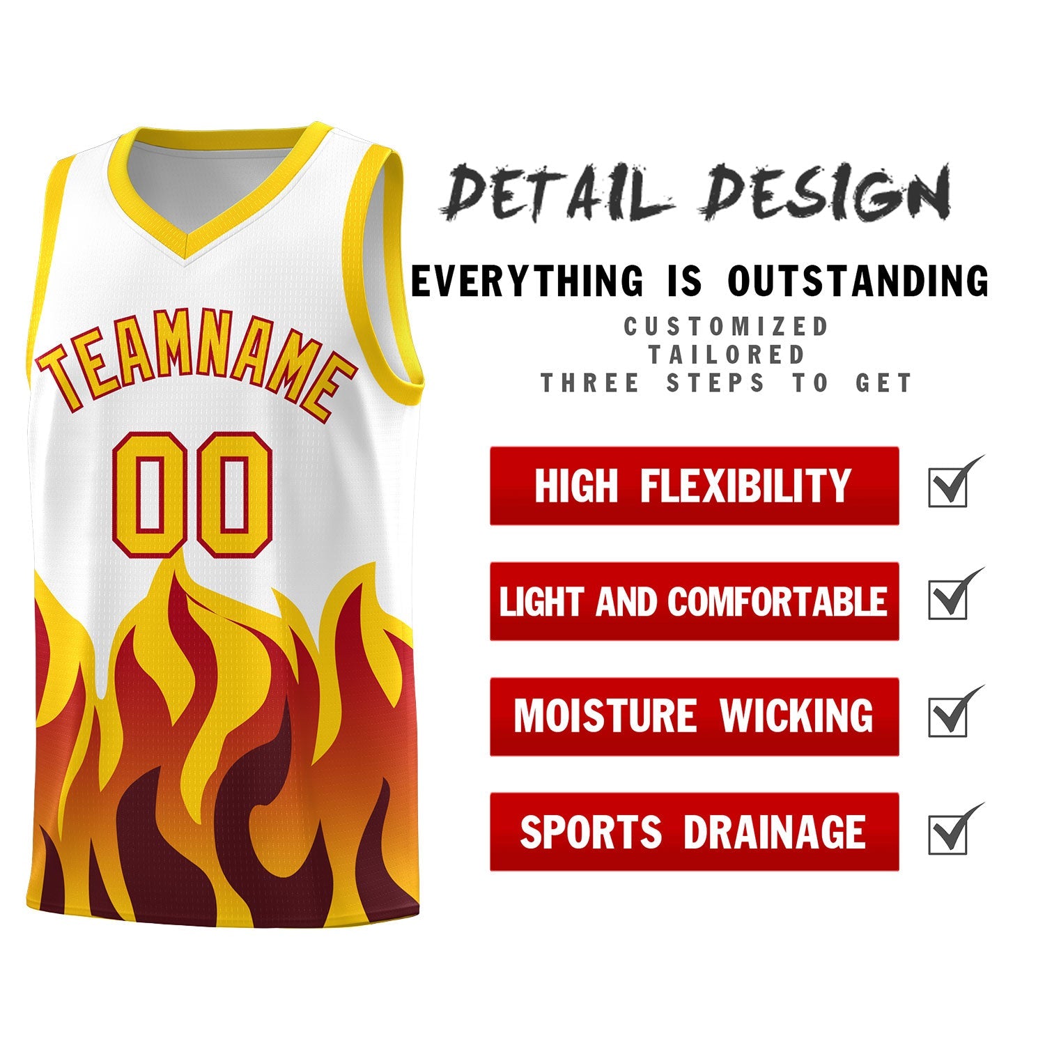Custom White Gold Hem Flame Pattern Fashion Sports Uniform Basketball jersey