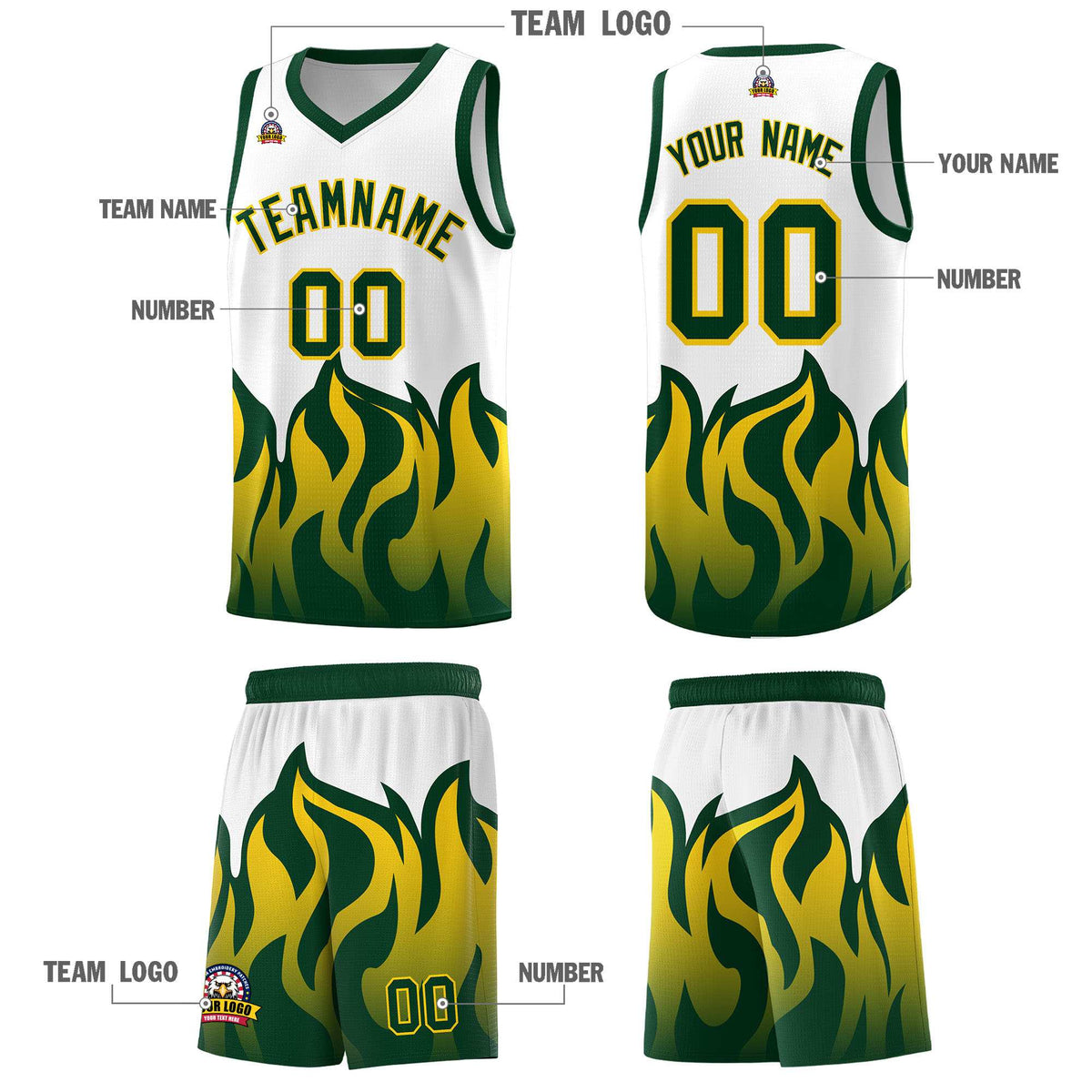 Custom White Hunter Green Hem Flame Pattern Fashion Sports Uniform Basketball jersey