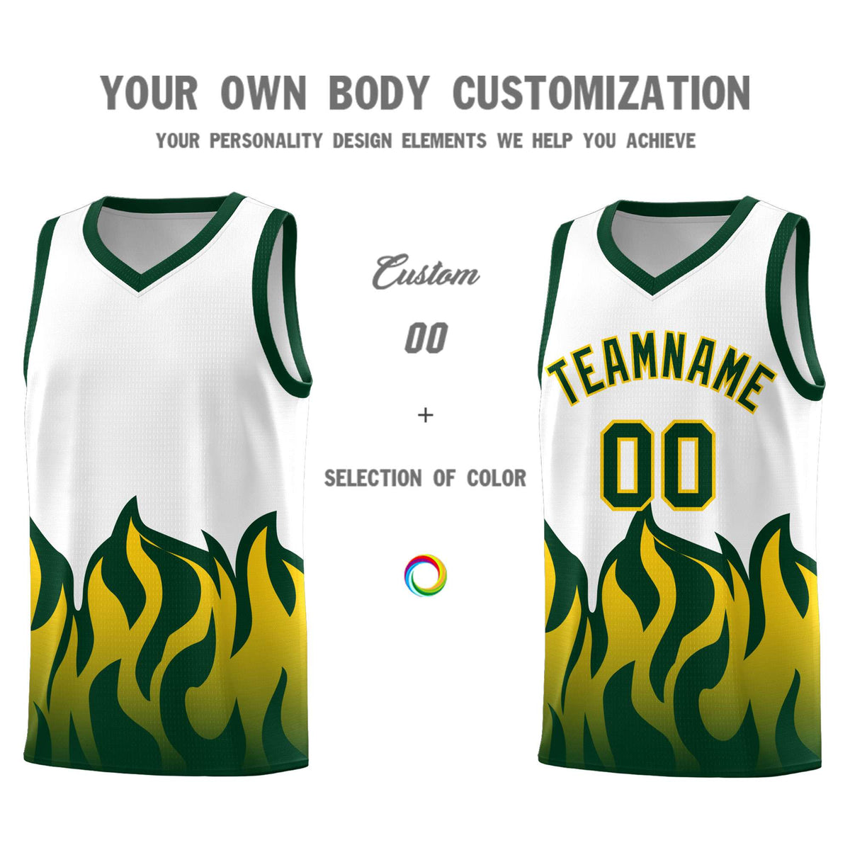 Custom White Hunter Green Hem Flame Pattern Fashion Sports Uniform Basketball jersey