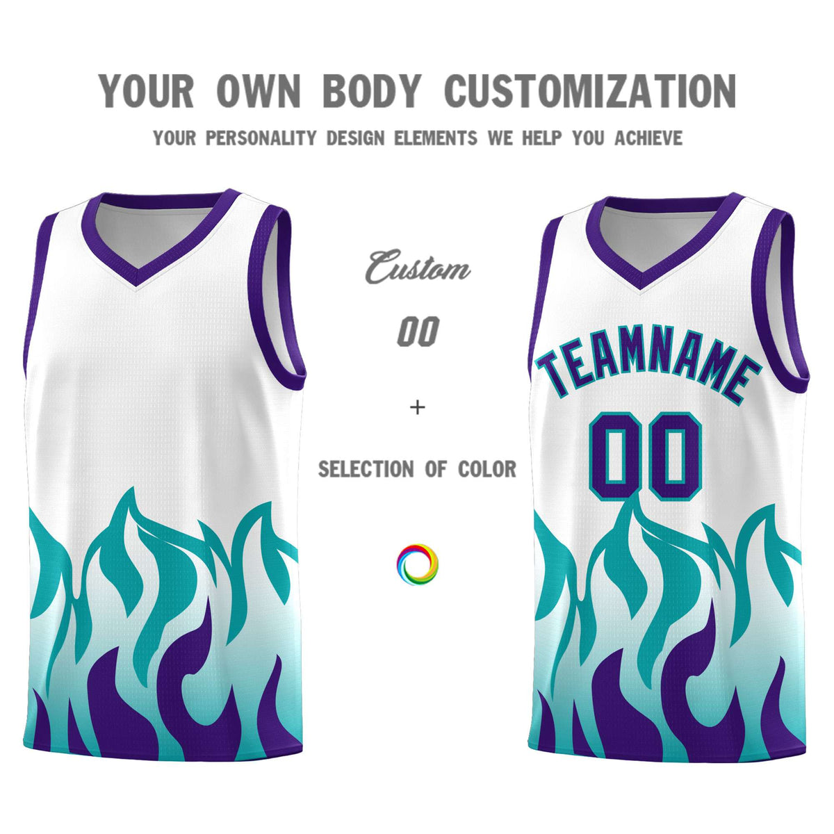 Custom White Aqua Hem Flame Pattern Fashion Sports Uniform Basketball jersey